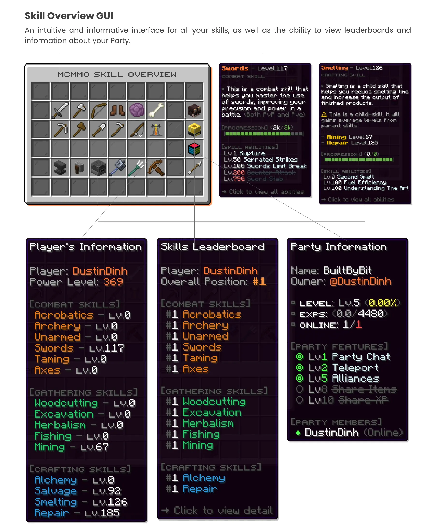 McmmoGui skill overview, leaderboard, and party GUIs
